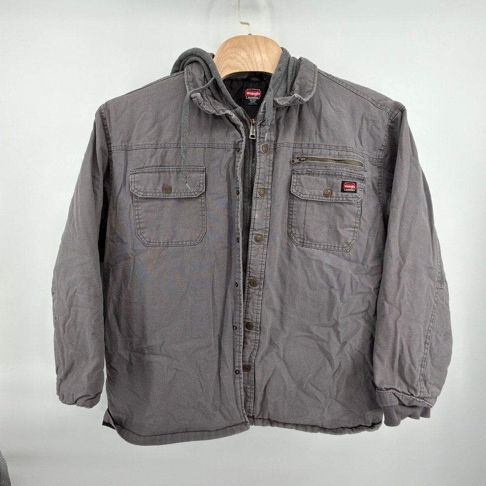 Wrangler Workwear Jacket Mens 2XL Gray Hooded Canvas Quilted Lined Heavy Duty
